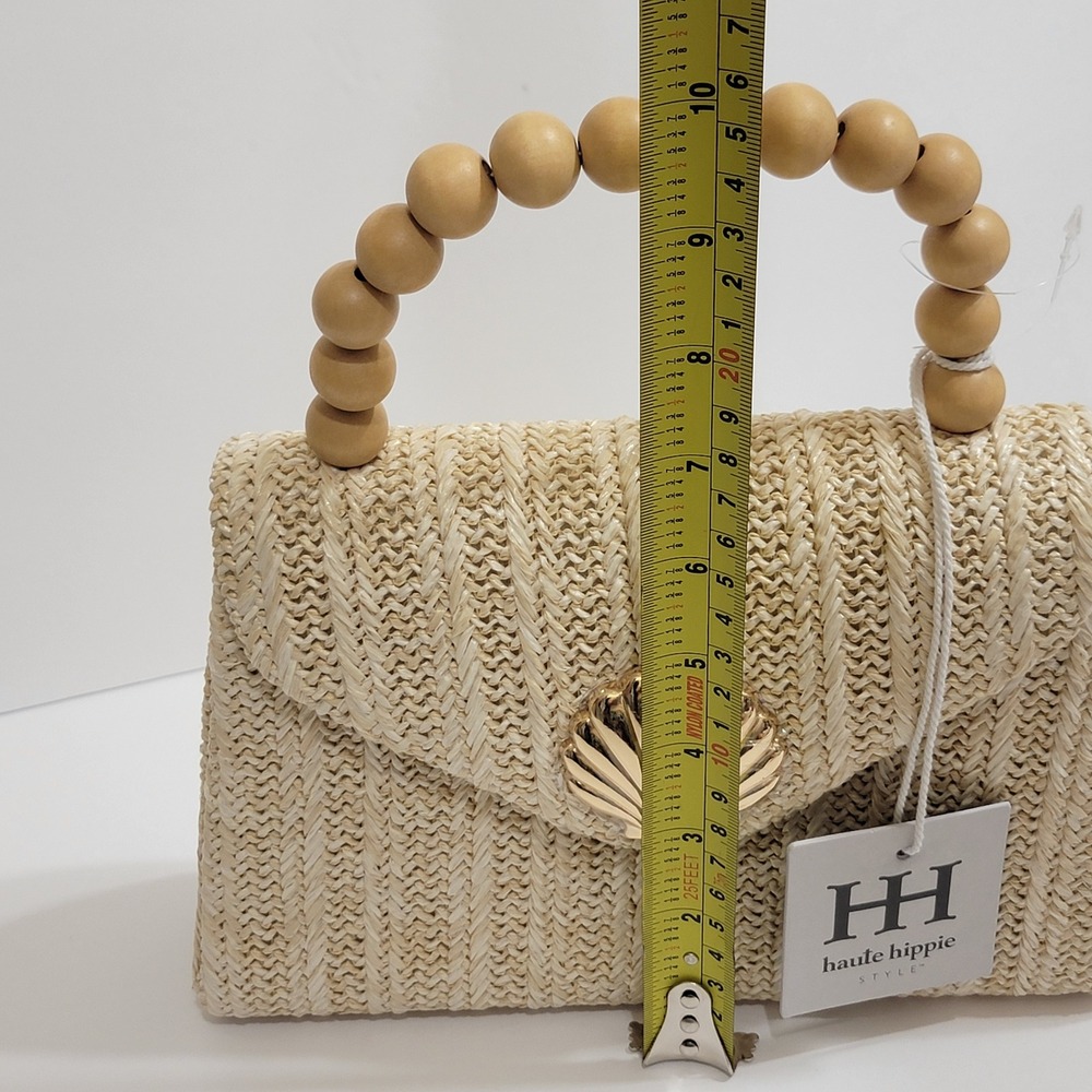 Haute Hippie Woven Straw Gold Sea Shell Clutch Bag Wood Bead Handle Crossbody - Picture 10 of 11